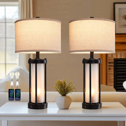 Set Of 2 Modern Table Lamps With USB Ports And Nightlight, Black Finish And White Frosted Glass on living room table