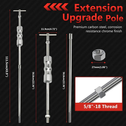 Inner CV Axle Puller Removal Tool With Slide Hammer And 48mm 63mm CV Joint Fork Adapters For Front Wheel Drive Vehicles Heavy Duty Steel Construction Six Piece Set With EVA Box, upgraded extension pole view with dimensions and thread focus