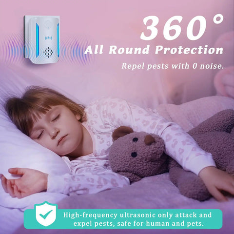 Child sleeping with a teddy bear, highlighting 6 Pack Ultrasonic Pest And Insect Repellers For Indoor Use, Dual Mode Plug In Insect Repellent.