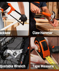 Tools from 20V Cordless Drill And 120 Piece Home Tool Kit With Plastic Toolbox: hacksaw, claw hammer, adjustable wrench, tape measure.