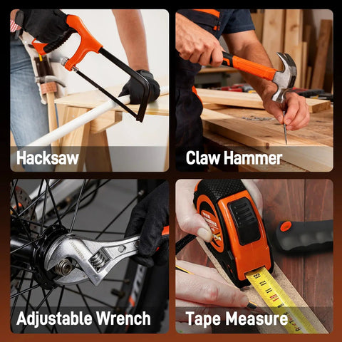 Tools from 20V Cordless Drill And 120 Piece Home Tool Kit With Plastic Toolbox: hacksaw, claw hammer, adjustable wrench, tape measure.