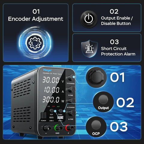Display showing features of Beefy Variable DC Power Supply 0 To 30V 0 To 10A with encoder adjustments, output button, and protection alarm.
