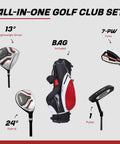 Teen Golf Club Set For Ages 13 To 16 With Titanium Driver, Stainless Hybrid, 7 Through PW Irons, Putter, Stand Bag shown