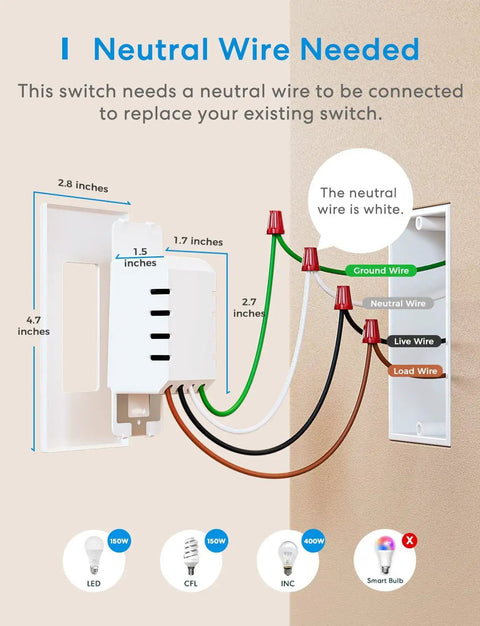 Diagram showing wiring of Smart Dimmer Switch Single Pole That Works With HomeKit, Alexa, Google Assistant, and SmartThings.