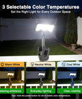 Heavy Duty Solar Motion Lights Clip On For Fence Deck And Gutter 92 Led Security Spotlight displaying 3 color temperature settings outdoors.