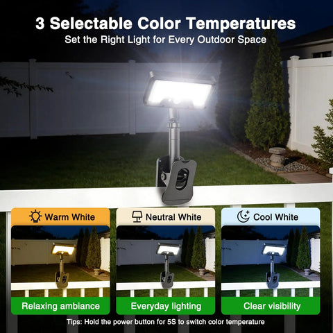 Heavy Duty Solar Motion Lights Clip On For Fence Deck And Gutter 92 Led Security Spotlight displaying 3 color temperature settings outdoors.