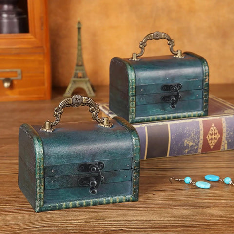 Antique Black Small Hasp Latch Set For Jewelry Box Cabinet And Toolbox visible on decorative wooden chests with swing arm hook lock.
