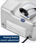 Close-up of chrome nozzle and brushed finish of High Speed 1600W Wall Mounted Commercial Hand Dryer Stainless Steel Electric Hand Dryer For Bathrooms 110V Plug In Warm Wind Blower Fast 8 To 10 Second Dry Quiet Industrial Restroom Solution.
