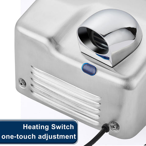 Close-up of chrome nozzle and brushed finish of High Speed 1600W Wall Mounted Commercial Hand Dryer Stainless Steel Electric Hand Dryer For Bathrooms 110V Plug In Warm Wind Blower Fast 8 To 10 Second Dry Quiet Industrial Restroom Solution.