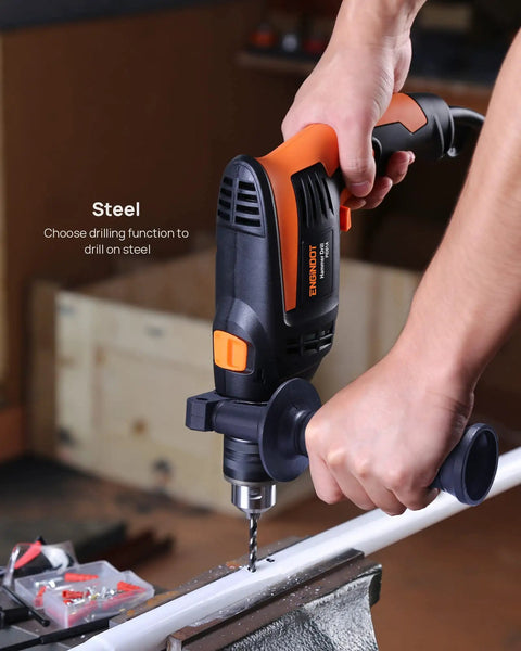 Using Beast 1/2 Inch 6 Amp Corded Hammer Drill Kit With Variable Speed on steel, showing ergonomic handle and all-metal chuck.