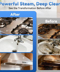 Powerful Steam, Deep Clean shows before and after images of a clean stove, sink, and range hood using this bad boy 2500W Handheld Steam Cleaner.