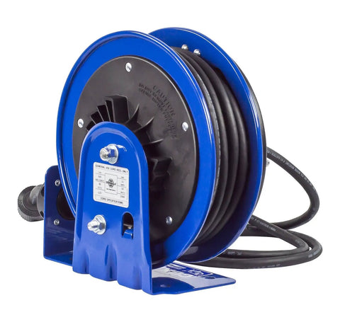 Heavy Duty 30 Foot Power Cord Reel With 12 AWG Cable Single Receptacle Retractable Electrical Reel in blue for garage or shop
