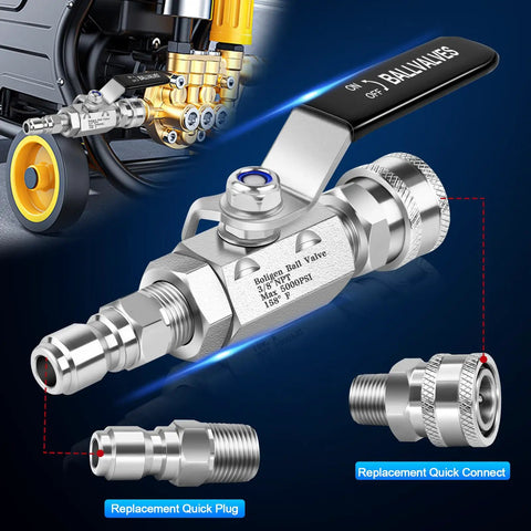 High Pressure Washer Ball Valve Kit With 5000 PSI Capacity, Three Eighths Inch Quick Connect Shut Off Ball Valve For Power Washer Hose, Stainless Steel