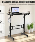 Rollin Standing Desk With Adjustable Height On Wheels For Treadmill Sessions Portable Sit Or Stand Computer Table, Black, in home office