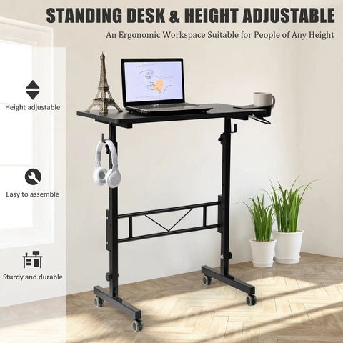 Rollin Standing Desk With Adjustable Height On Wheels For Treadmill Sessions Portable Sit Or Stand Computer Table, Black, in home office