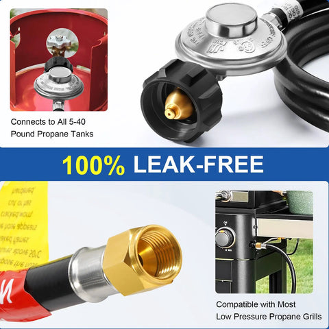 Five Foot Propane Regulator Hose For Grills And Fire Pits With Three Eighths Inch Female Flare Nut Ideal For Weber Blackstone And Most LP Gas Grills Durable Zinc Alloy Regulator And Heavy Duty Rubber Hose For Easy Reliable Grill Setup, image showing leak-free connection and compatibility with low pressure propane grills.