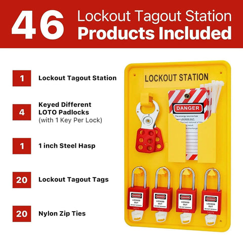Heavy-Duty Lockout Tagout Station Kit With 4 Brass Cylinder Safety Padlocks, Hasp And OSHA Compliance Tags on yellow board