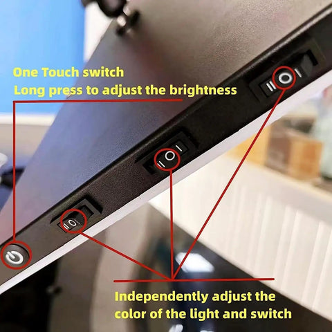 Close-up of LED panel controls on Paintless Dent Repair Kit For Cars And Motorcycles With LED Detection Light Panel And 3 Strip Board Lamp Auto Body Repair Tools, Night Vision Ready Dent Removal, Easy Fix For Dents, No Paint Needed.