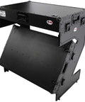 Hardcore Portable Compact Flight Case Table Built For Mobile DJs And Gig Crews Featuring Tough Handles Easy Glide Wheels Glossy Black Top Red TSA Lock Kit, open view with black surface.
