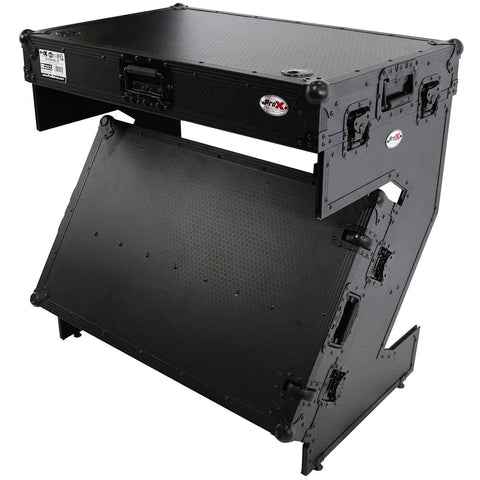Hardcore Portable Compact Flight Case Table Built For Mobile DJs And Gig Crews Featuring Tough Handles Easy Glide Wheels Glossy Black Top Red TSA Lock Kit, open view with black surface.