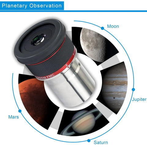 3Mm To 8Mm Zoom Eyepiece For 1.25 Inch Telescopes, Parfocal Design, shown with planetary observations of Moon, Mars, Jupiter, Saturn.