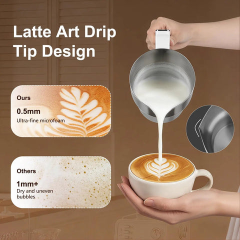 Pouring milk into a coffee cup to create latte art using the All In One Milk Frother And Steamer With Detachable Base.