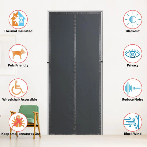 Dark grey Thermal Insulated Door Curtain with Magnetic Closure in a doorway, surrounded by icons for features.