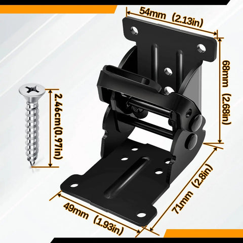 Heavy Duty Folding Brackets 4 Pack Locking Hinge Mounting Screws Table Bed Workbench Legs Badass Manganese Steel hardware shown with screw.