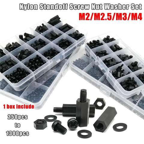 Non Conductive Black Nylon Hex Spacers Set For DIY Drone Builds And Electronics, Insulated M2 M2.5 M3 M4 kit in organizer boxes