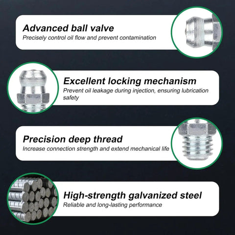 25-Pack Heavy Duty Grease Fittings Kit With M6 Zerk Nipples showing advanced ball valve, locking mechanism, deep thread, galvanized steel