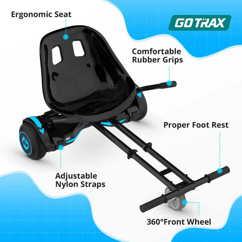 Hoverfly Kart Attachment For 6.5 To 10 Inch Hoverboards With Adjustable Frame And Handlebar Control featuring ergonomic seat and rubber grips.