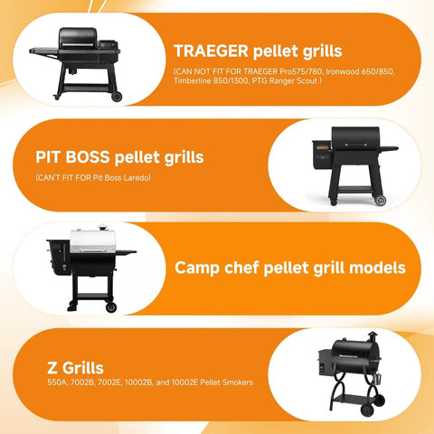 Traeger, Pit Boss, Camp Chef, and Z Grills models for the Auger Motor And Grill Induction Fan Kit With Fire Burn Pot And Hot Rod Ignitor.