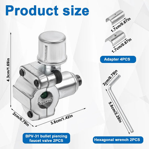 BPV-31 piercing valve kit with 4 adapters and 2 hex keys; line-tap valve for 1/4–3/8 in OD pipes, front view