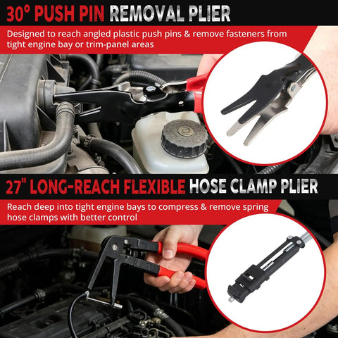A mechanic using Six Piece Hose Clamp Pliers Set With 27 Inch Long Reach For Deep Engine Bay Access Flat Band Clic R Type Pliers.