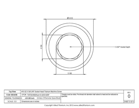 Top view diagram of Pack Of Six Ten Thirty Two By Five Eight Inch Unf Socket Head Grade Five Titanium Machine Screws.