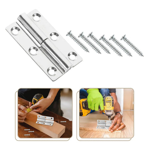 Heavy Duty Stainless Steel Door And Window Hinges 4 Pack with screws, shown installed on wood and being measured for fitting.