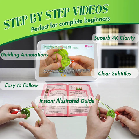 All In One Crochet Starter Kit For Beginners With No Fuss Step By Step Video Tutorials displayed on tablet with guidebook