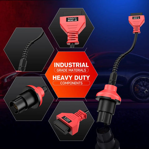 Mercedes Benz 38 Pin To 16 Pin OBDII Connector Adapter For Pre 2001 Cars, showcasing industrial-grade red cable design.