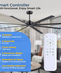 Badass 84 Inch Industrial Ceiling Fan With Reversible DC Motor And Eight Robust Blades Delivers Six Speed Remote Control Hella Quiet Airflow For Massive Garages And Shops In Matte Black and remote controller.