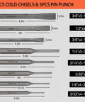 Heavy Duty 16 Piece Punch And Chisel Set For Tough Metalworking Jobs With Cr-V Steel Tapered Pin Center Punches And Cold Chisels, 3pcs chisels and 5pcs pin punches
