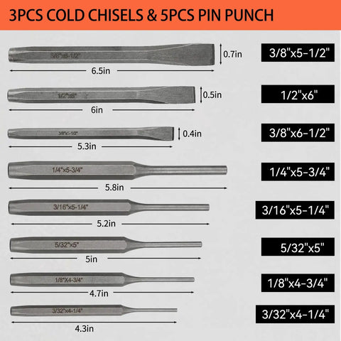 Heavy Duty 16 Piece Punch And Chisel Set For Tough Metalworking Jobs With Cr-V Steel Tapered Pin Center Punches And Cold Chisels, 3pcs chisels and 5pcs pin punches
