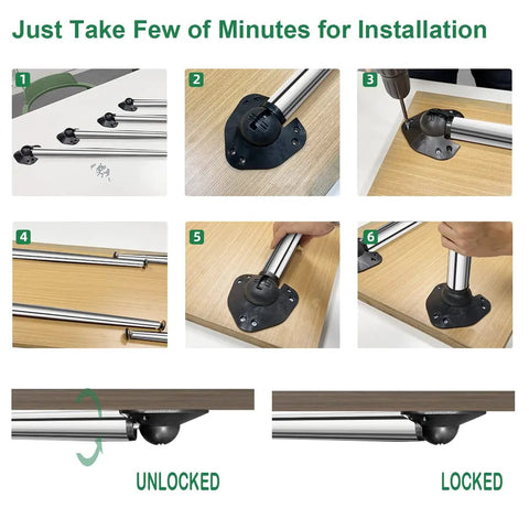 Installation steps for Sturdy As Heck 28 Inch Folding Table Legs Set Of 4 Chrome Metal Collapsible DIY Furniture Legs with floor protectors.