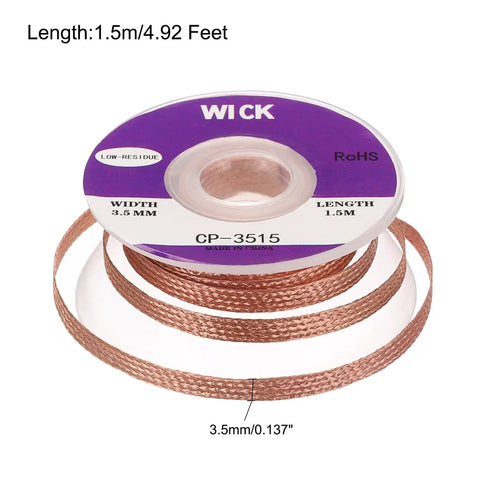 Desoldering Solder Wick Braid No Clean Copper Wick with spool showing 0.14 inch width, 5 feet length, low-residue copper