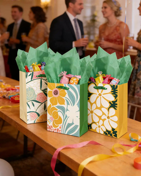 Clashing Floral Gift Bags With Tissue Paper Handles, 2.4x4.7x6.3 Inch Small Gift Bags Pack Of 12 With Tissue Paper Included, FSC Certified Cardboard