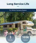 RV with camp setup, showcasing the Inline RV Water Filter Kit With Two Flexible Hose Protectors Cuts Chlorine Bad Taste And Rust Turbidity For RVs And Campers Garden Car Wash And Planting 2 Pack Great For Outdoor Use lasting 1056 gallons.