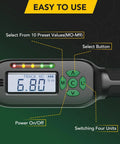 Pro Grade Digital Torque Wrench With Preset Value For Quick, Accurate Tightening 5 To 99.5 Ft-Lbs, control panel with display and buttons.