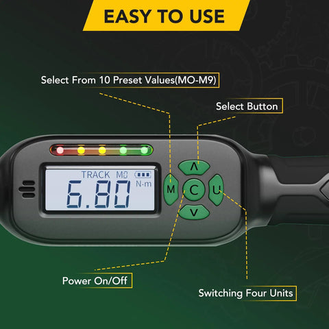 Pro Grade Digital Torque Wrench With Preset Value For Quick, Accurate Tightening 5 To 99.5 Ft-Lbs, control panel with display and buttons.