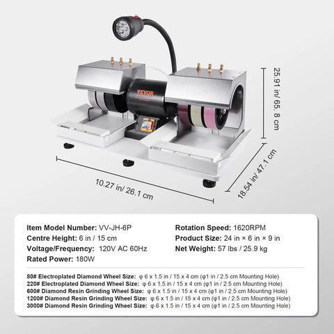 6 Inch Lapidary Cabbing Machine With 2 HP Motor, 1800 RPM Corded Rock Grinder Polisher, lamp and pump visible