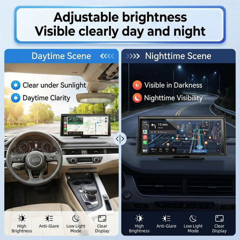 8.1 Inch Wireless CarPlay Dash Screen With Apple CarPlay And Android Auto displaying maps in both daytime and nighttime view in a car