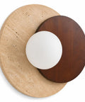 Travertine Wall Sconce Hardwired Glass Globe Wood Modern Japandi Wabi Sabi with round glass shade on travertine background.